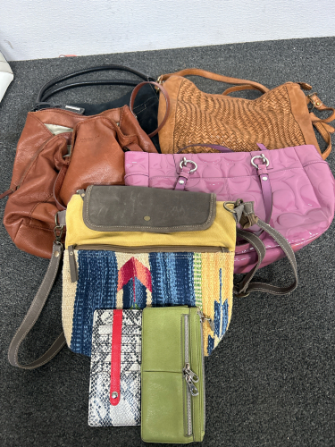 5 PURSES AND 2 WALLETS-MAUVE PURSE IS COACH, COUPLE PURSES ARE LEATHER