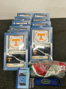 TENNESSEE VOLS BIB & PRE-WALKERS SETS (11), OHIO STATE BIB, FLORIDA GATORS BOTTLE OPENER AND NORTH CAROLINA TARHEELS PLAYING CARDS