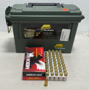 Box Of (50) New American Eagle 9mm. 124 Grain Full Metal Jacket Pistol Cartridges (1) Plano Field Ammunition Box