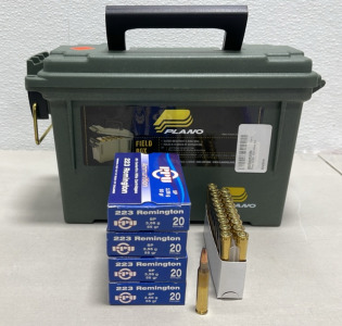 (3) Boxes Of 20 PPU 223 3,56g 55gr. Rifle Cartridges (1) Plano Field Ammunition Box