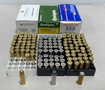Box Of (50) Ultramax 38 Special-148 gr. Double End Wadcutter Pistol Cartridges, Partial Box Of (38) Federal Ammunition 38 Special 130 Grain FMJ Pistol Cartridges, (10) Rounds Of Remington 38 Special 158 gr. lead Semi- Wadcutter Pistol Cartridges