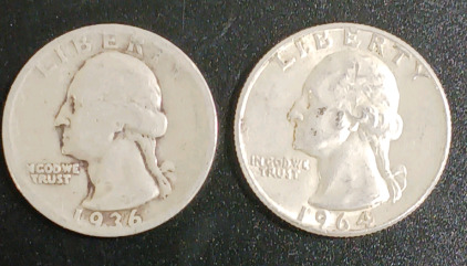 (2) Pre-1964 US Quarters 90% Silver Verified Authentic 1936 & 1964