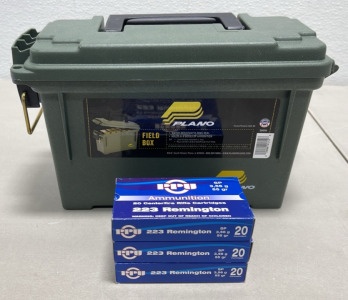 (3) Boxes Of 20 PPU 223 3,56g 55gr. Rifle Cartridges (1) Plano Field Ammunition Box