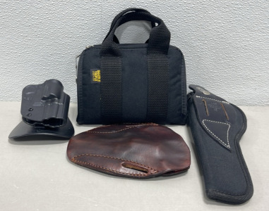(1) Uncle Mikes Hard Plastic Revolver Hip Holster, (1) Simply Rugged Leather Pistol Belt Holster, (1) Idaho Leather Co. Pistol Holster, (1) Double Triple Zip Up Small Gun Case