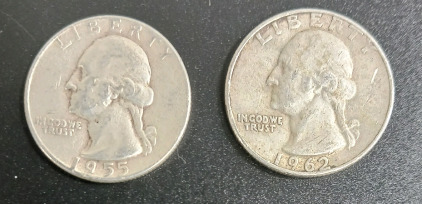 (2) Pre-1964 US Quarters 90% Silver Verified Authentic 1955 & 1962