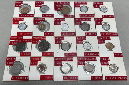 (20) Coins Of Various Countries With Various Dates (Carded)