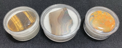 46.6ct Bumblebee Jasper Round Cabochon, 53.10ct Yellow Montana Agate Sliced Polished Cabochon, 40.35ct Flashy AAA+ Tiger Eye Jasper Oval Cabochon