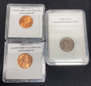(2) 1982 Lincoln Uncirculated Pennies, (1) 1918 Lincoln Wheat Penny