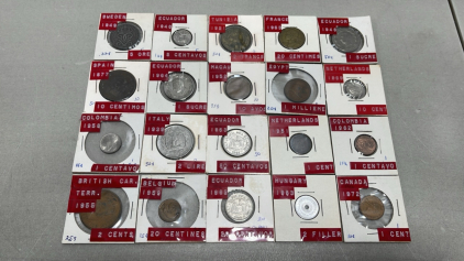 (20) Coins Of Various Countries With Various Dates (Carded)