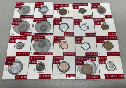 (20) Coins Of Various Countries With Various Dates (Carded)