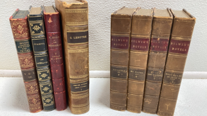 (8) Antique Hard Cover Books: (4) In French, (4) In English