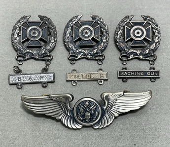(1) Scarce Sterling Silver WWII USAAF Air Wings, (3) Vintage WWII Carbine Metal Pins