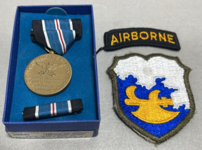 Campaign And Service For Humane Action WWII Medal, (2) WWII Airborne Patches