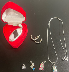 (1) Pair of .925 Saphire Earings (1) 1&rdquo; Neclace Pendant (1) .925 17&rdquo; Necklace w/4 Charms