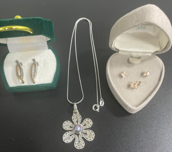 (1) Pair Beautiful Earrings (1) .925 15&rdquo; Flower Neclace (1) .925 Earings w/1 Matching Neclace Pendant