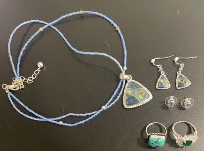 (1) Bead Necklace W/Beautiful Charm (1) Pair of Matching Earrings (1) Pair of Earrings (2) .925 Beautiful Rings Size7&Size8