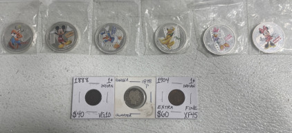 (6) Disney Characters Collectable Coins .925 Plated (1) 1888 Indian Penny (1) 1904 Indian Penny (1) 1898 P Barber Quarter