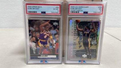(1) 1999 Upper Deck Kobe Bryant #58 EX-MT 6 Collectible Basketball Card, (1) 2000 Upper Deck Hardcourt Kobe Bryant Court Forces #CB EX 5 Collectible Baseball Card (Both Are Carded)
