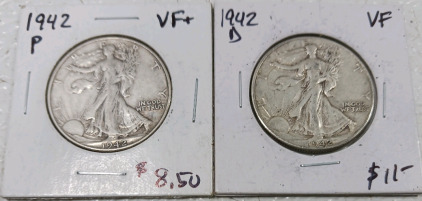(2) 1942 Walking Liberty Half Dollar Coins