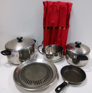 (1) Set of "Tools of The Trade" 8qt & 4qt Pots With Lids (1) Set of 3 Stainless steel Mixing bowls (1) Marlboro BBQ Tools Set & More!