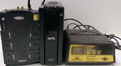 (1) APC BACK-UPS PRO 1300 Battery Backup (Doesn't power on) (1) Everhart Starter50 Battery Charger (1) CyberPower 825AVR