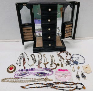 (1) 12"&times;9"&times;4.5" Jewelry Box With 2 Doors & 5 Drawers Comes With All Jewelry Pictured