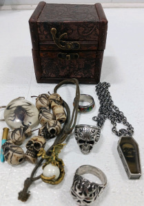 (1) Batman & Robin Men's Ring sz 12 (2) sz 12 Stainless Steel Skull Rings (1) Coffin Necklace & More!