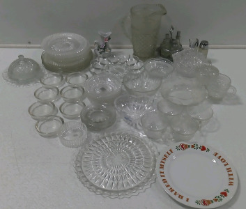 (10) Glass Plates (4) Glass Tea Cups (10) Candy Dishes & More