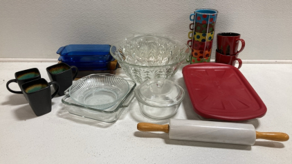 Marble Rolling Pin, Glass Punch Bowl, (6) Glass Bakeware, (11) Assorted Coffee Mugs