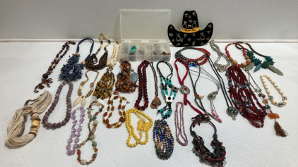 (24) Assorted Fashion Necklaces, (5) Bolo Ties, (1) beaded Fashion Belt, Set of Western Pins, Box of Assorted Earrings