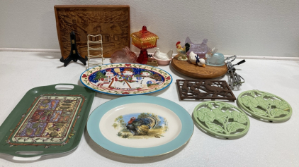 Assorted Decorative Plates, Trays and Trivets, Glass Decor Dishes, Manual Egg Beater