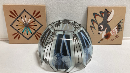 (2) Native American Wall Art, Metal and Glass Wolf Lampshade