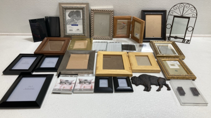 (31) Assorted Picture Frames, (1) Cast Iron Buffalo Wall Hanging