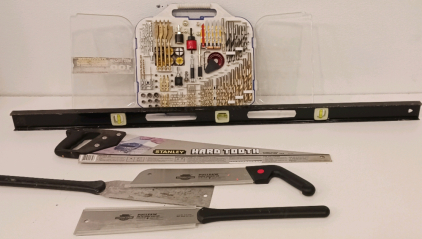 (1) 100-Peice Drill Bit Kit (1) 4' Level (4) Hand Saws