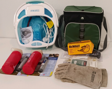 (1) Homedics Foot Scrubber (2) Travel Water Filter Bottles (1) Igloo Lunch Bag & More W/ Blue Rolling Tote