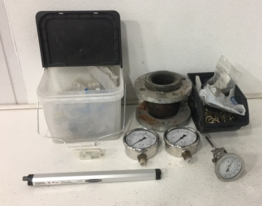 Assorted Industrial Equipment Including (2) Liquid Filled 100xkPa Psi Guages, (1) Trerice Company 30-120 Fahrenheit Thermometer, And More