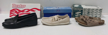 (1) Dexter Walking Shoes Size 9 (1) Keds Size 9 Tan (1) Birkenstock Size 9 Brown