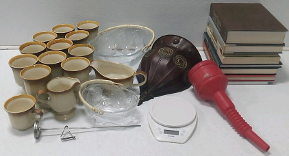 (12) Glass Cups (4) Glass Vessels (9) Books & More