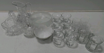 (14) Glass Cups (1) Glass Pitcher (4) Glass Candy Dishes (1) Glass Basket