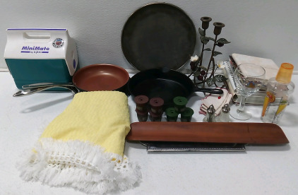 (1) MiniMate Igloo Lunch Box (3) Frying Pans (2) Metal Rose Decorations (13) Cook Books & More