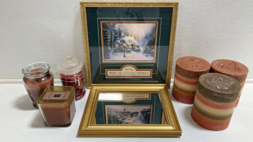 Framed Silent Night Kinkade Print, Framed Wall Mirror, (3) Large Candles, (3) Encased Candles