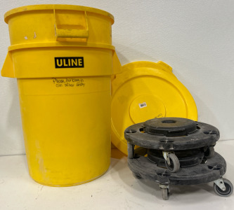 (2) Yellow Trash Cans W/ Lids & Can Dolly&rsquo;s