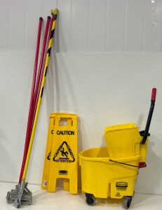 (1) Mop Bucket (2) wet Floor Signs (4) Mop Handles