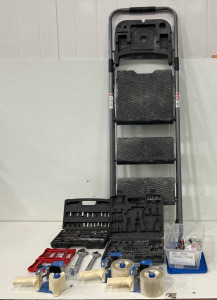 (1)Step Ladder (3)Tape Guns (1) Small Tote Of Ink Packs & More