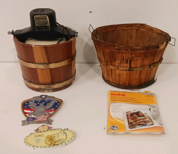 (1) Sterling 5 Quart Ice Cream Maker (1) Wooden Basket (1) Navy Wall Plaque & More