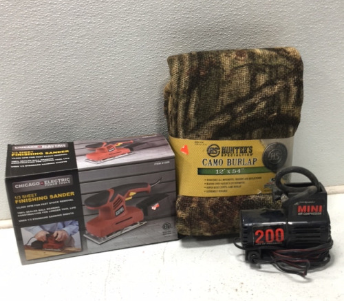 (1) Chicago Electric 1/3 Sheet Finishing Sander (1) Hunters Specialties Camo Burlap Blind (1) Interdynamics 200 PSI Mini Air Compressor