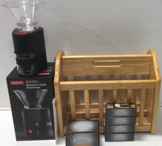 (1) Bodum Bistro Electric Coffee Grinder (1) Wood Magazine Organizer 15.75” X 11”x12” (1) Box of 12 Gallaway Warbird Golf Balls