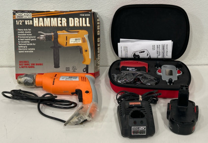 (1) Chicago Electric 1/2&rdquo; Hammer Drill (1) Craftsman Laser Level (1) Craftsman 12v Battery Charger (1) 18v Skil Battery