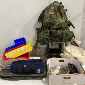 (1) Camo US Backpack (6) Assorted Car Mats (1) Shop Stool (1) 80 Grit Sandpaper Belt And More!