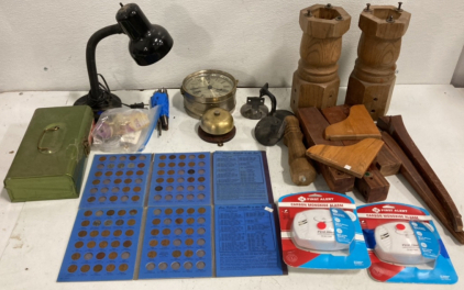 (2) Lincoln Penny Collections (2) Carbon Monoxide Alarm (1) Vintage Seth Thomas Bellclock And More!